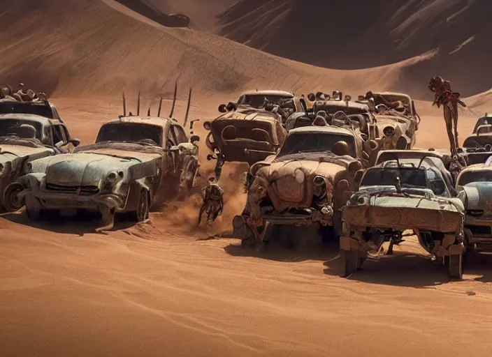 Prompt: scene from the 2015 science fiction film Muppet Mad Max: Fury Road