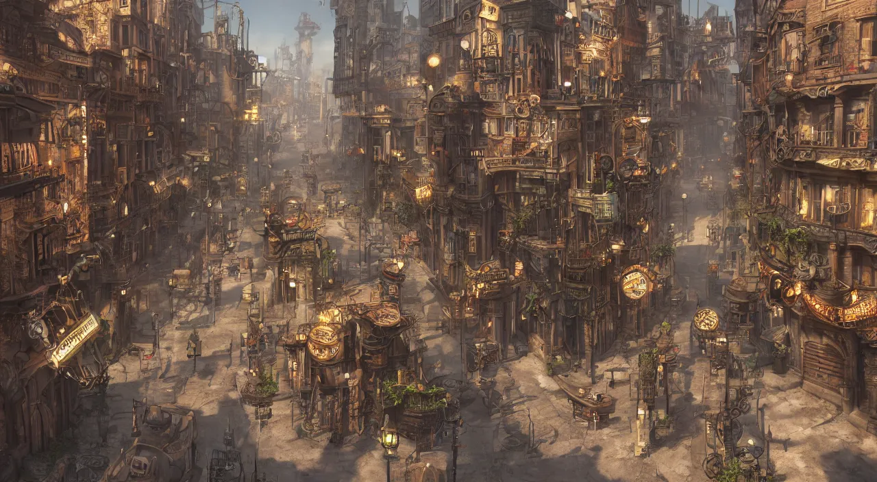 Prompt: steampunk city streets by albert kiefer, trending on artstation, octane render