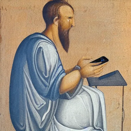 Image similar to “man on iPhone, Ancient Greek painting”