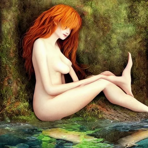 Image similar to Ed Sheeran as a shy forest nymph. beautiful flowing auburn hair and slender feminine body. this nymph is so demure. She plays along the banks of an enchanted river in a cozy glade. I feel happy when I see this wonderful work of art. Highly detailed art.