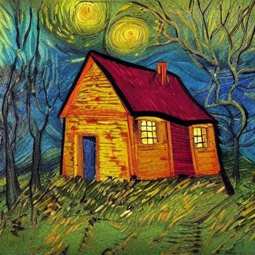 Prompt: a painting of a Eerie cabin in the middle of the woods in the style of Vincent van gogh