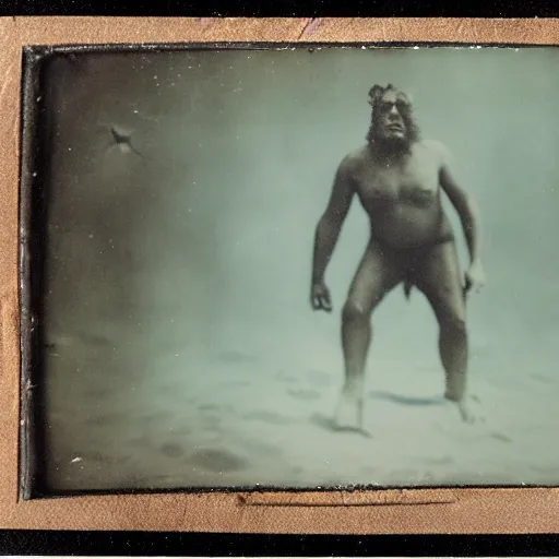 Prompt: tintype photo, bigfoot swimming underwater