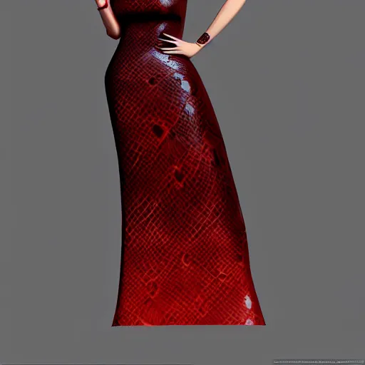 Image similar to curvy feminine hot goth cutie with sublime modest elegant patterned red-black snakeskin leather neck-high gown, cgsociety, photorealistic, comfy ambience, idealistic, 16k, smooth, sharp focus, trending on ArtStation, volumetric lighting, fully clothed, worksafe