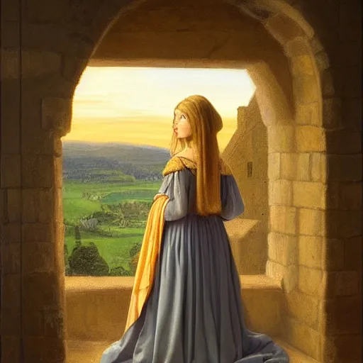 Prompt: very very very beautiful and detailed oil painting of a medieval princess staring sadly out of a castle window onto a sunlit landscape during dusk, 8k