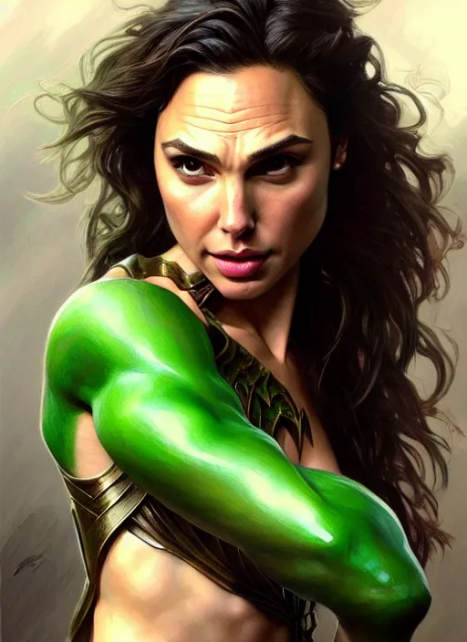 Image similar to portrait of gal gadot as a goblin, d & d, muscular! green, fantasy, intricate, elegant, highly detailed, digital painting, artstation, concept art, smooth, sharp focus, illustration, art by artgerm and greg rutkowski and alphonse mucha