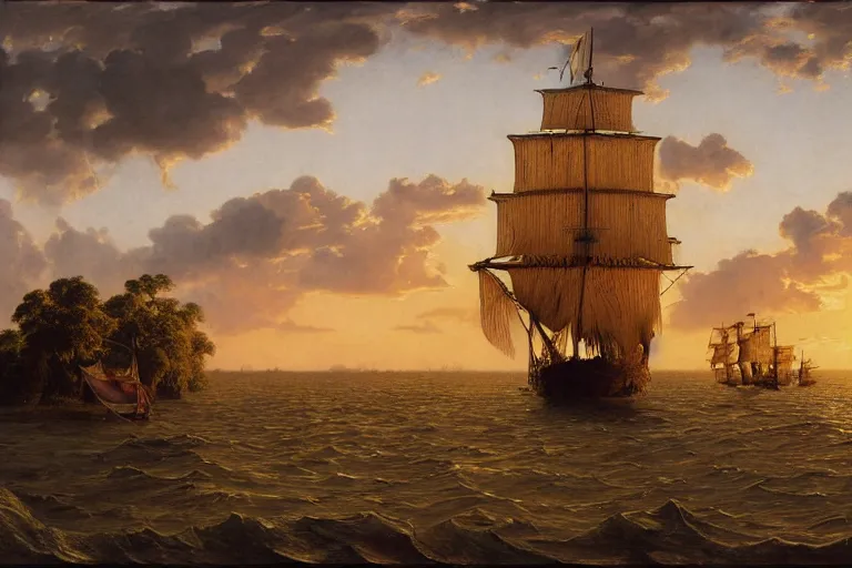 Image similar to painting of a spanish galleon, a spanish galleon, sailing the amazon river, jungle, sunset, clouds, chill, romantic, by ludwig deutsch and maxfield parrish, patterned tilework, extremely detailed, cinematic lighting, smooth sharp focus
