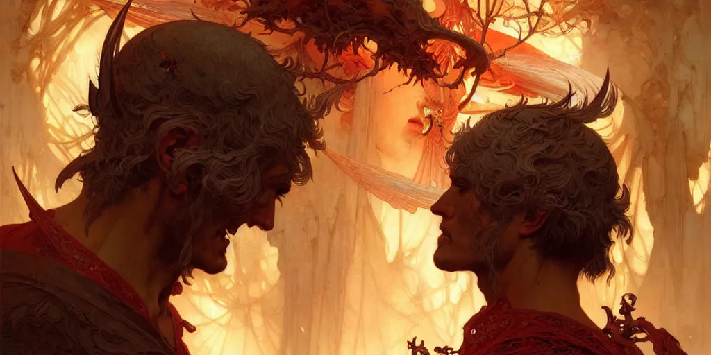 Prompt: a beautiful illustration of dante's inferno, intricate, sharp focus, illustration, highly detailed, digital painting, concept art, matte, art by wlop and artgerm and greg rutkowski and alphonse mucha, masterpiece