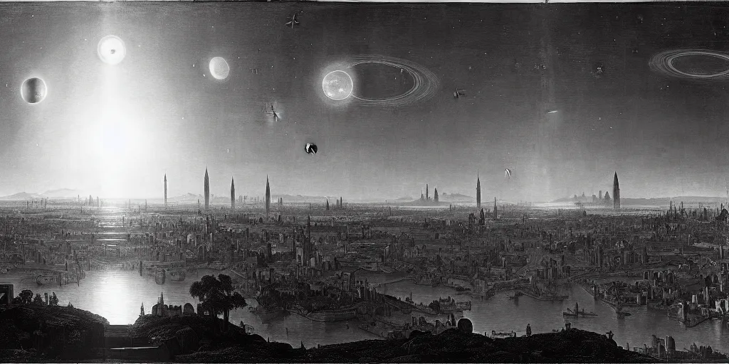 Prompt: planetary city, 2 suns on the horizon by ansel adams and bernardo bellotto