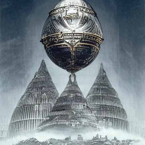 Image similar to enormous flying city in a faberge egg, sky, steampunk, fantasy art, masterpiece, hugh ferriss, digital, peder balke