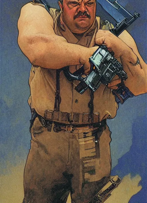 Image similar to gk chesterton as a mercenary with muscles and a shotgun. portrait by james gurney and craig mullins and alphonso mucha. realistic face. expressive face.
