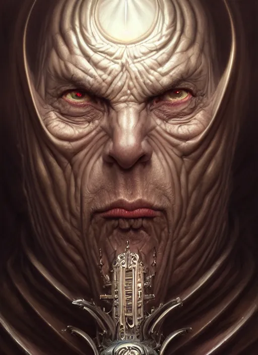 Image similar to portrait shot of an evil priest, intricate, elegant, highly detailed, centered, digital painting, artstation, concept art, smooth, sharp focus, illustration, artgerm, tomasz alen kopera, peter mohrbacher, donato giancola, joseph christian leyendecker, wlop, boris vallejo