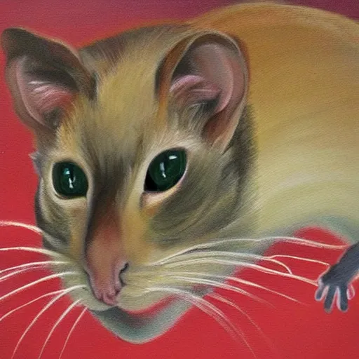 Prompt: a painting of a half rat half cat