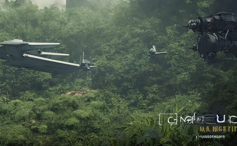 Image similar to photo of sci - fi gunship landing on jungle complex base, ultra detailed, movie frame, cinematical composition, 4 k, breaking bad