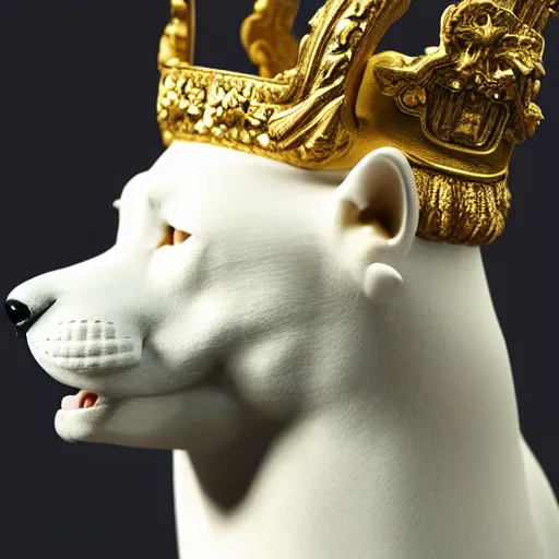 Image similar to side portrait of a shiba inu in the form of a greek sculpture in marble, with a gold crown, baroque elements in the background, museum. photorealistic. ultra detailed. flash. intricate artwork by miguel angel. octane render. cinematic. 4 k. bokeh.