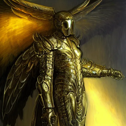 Image similar to golden heavy armored angel, wings made of light, metal halo, no face, hooded, gold, fantasy, concept art, digital art, ultra realistic, wayne barlowe