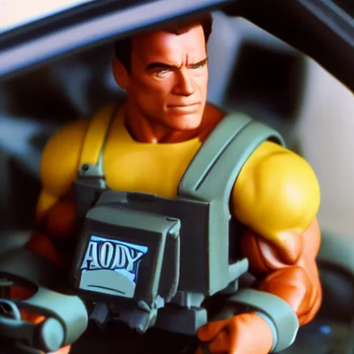 Prompt: arnold schwarzenegger as nendoroid driving atoy tank, kodak film