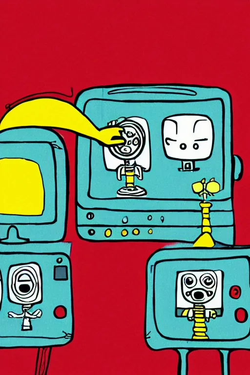 Prompt: an illustration of robots watching tv in the style of goodnight moon by margaret wise brown