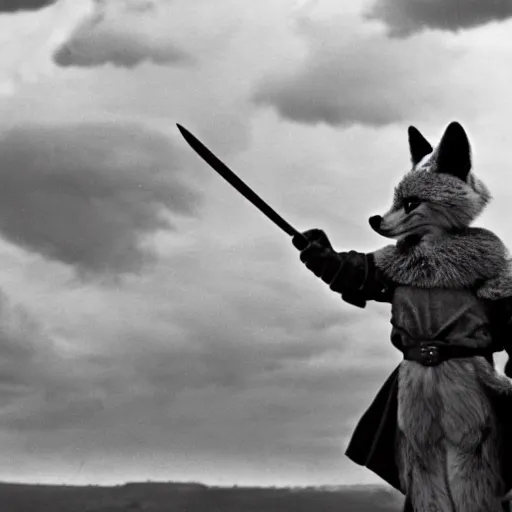 Image similar to anthropomorphic fox!! who is a medieval knight holding a sword towards a stormy thundercloud 1 9 3 0 s film still, castle in the background