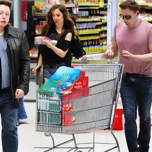 Prompt: Elon Musk and Amber Heard buying pampers at supermarket, paparrazi shot