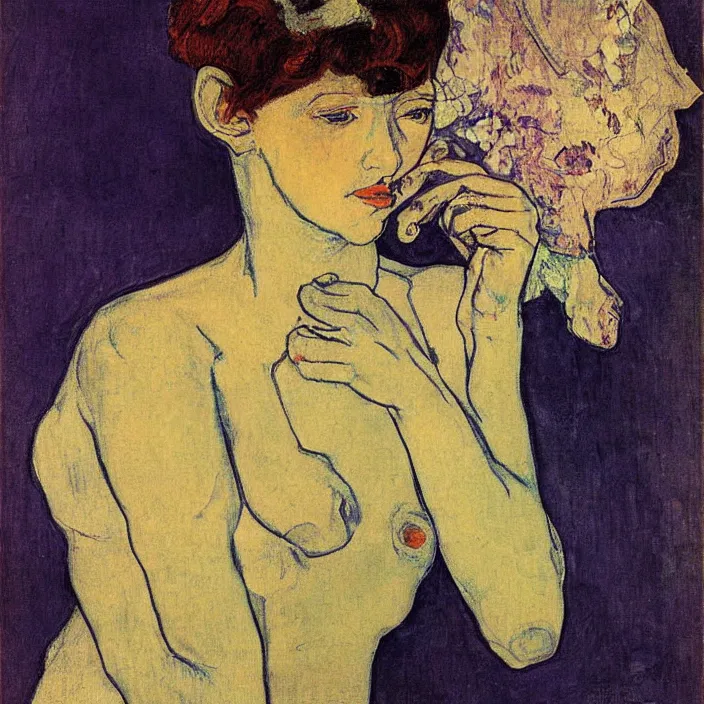 Prompt: portrait of a woman with iris. indigo blue. henri de toulouse - lautrec, egon schiele