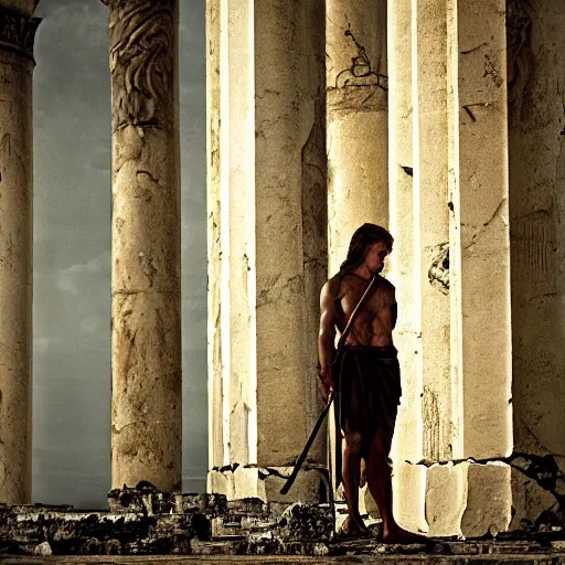 Image similar to Achilles holding a spear, standing in ruins, fallen columns, tom chambers photography