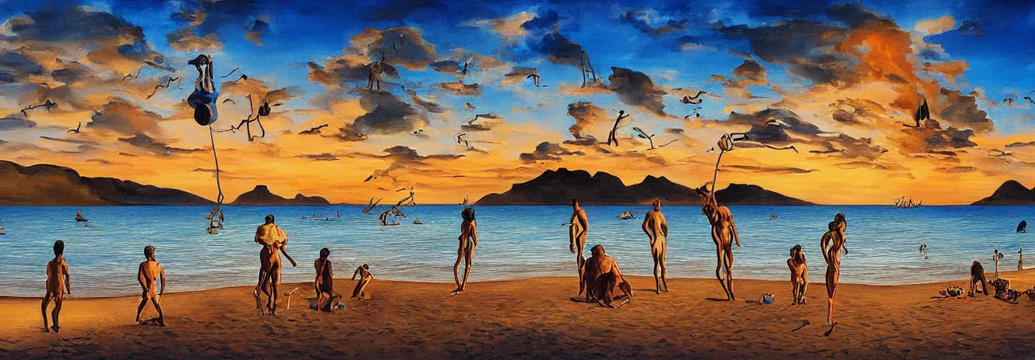 Image similar to People in beach by Salvador Dali and Bob Ross collaboration, mural, sun set, digital art, high details