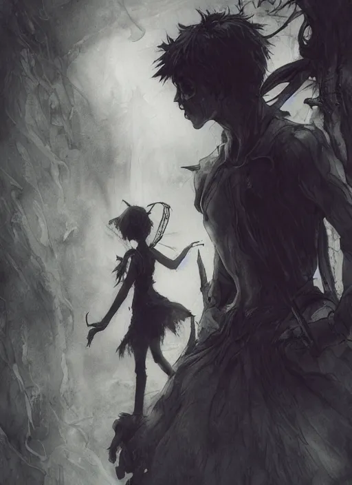 Image similar to portrait, undead peter pan with evil tinkerbell, watercolor, dramatic lighting, cinematic, establishing shot, extremly high detail, foto realistic, cinematic lighting, pen and ink, intricate line drawings, by Yoshitaka Amano, Ruan Jia, Kentaro Miura, Artgerm, post processed, concept art, artstation, matte painting, style by eddie mendoza, raphael lacoste, alex ross