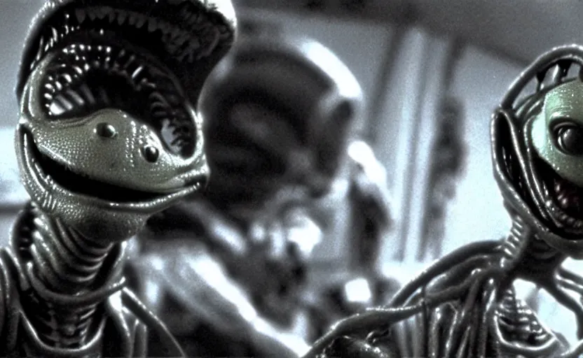 Prompt: the scene from aliens where kermit the frog vfx film