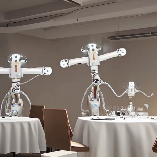 Image similar to three large white glossy kuka industrial robot arms on the floor around a dinner table, the kuka industrial robot arms are wearing bow ties, the table is full of food, they are having dinner inside a fine dining restaurant with mid century modern furniture and decor, global illumination, artstation, fantasy