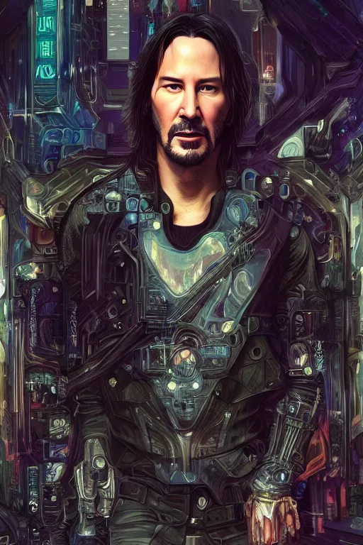 Image similar to Keanu Reeves in Cyberpunk setting, cute, fantasy, intricate, elegant, highly detailed, digital painting, 4k, HDR, concept art, smooth, sharp focus, illustration, art by artgerm and H R Giger and alphonse mucha