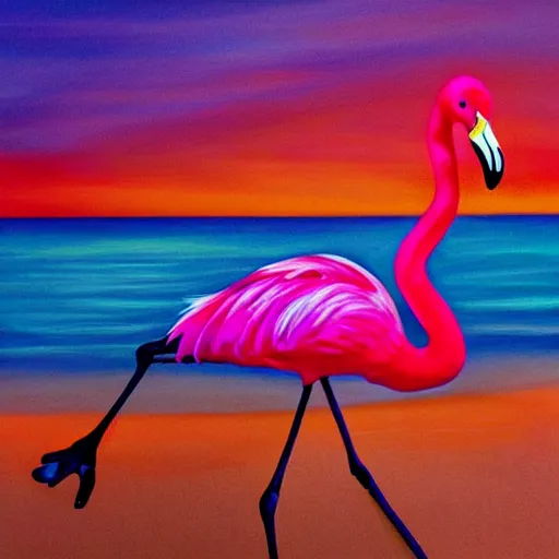 pink flamingo on the beach under the sunset, realistic