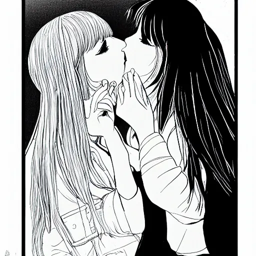 Image similar to portrait of two girls kissing, detailed manga art