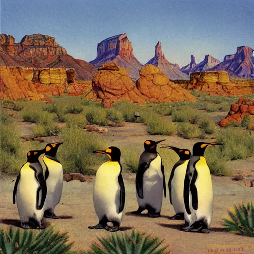 Prompt: “king penguins in the desert, Grand Canyon, New Mexico, saguaro cactuses, Norman Rockwell, mark maggiori, Salvador Dali”