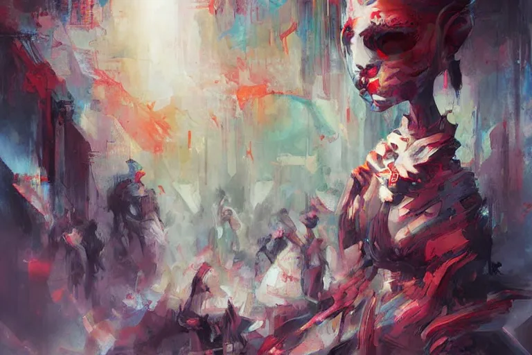 Prompt: artistic dirty art acrylic painting, paint brushstrokes and squeegeed dirty artwork, art by ross tran style reminiscent of illustrative children books, surreal, human figures, low tons colors, futuristic world leaders of terror 2 1 th century