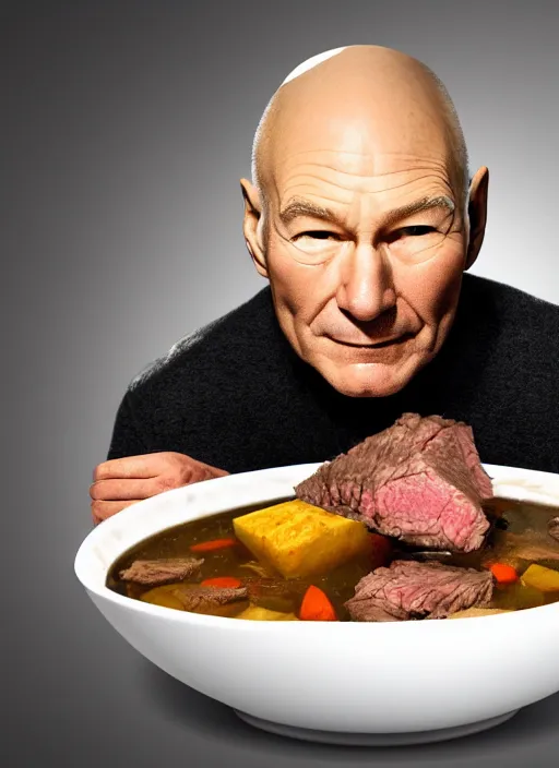 Image similar to patrick stewart's head half submerged in a bowl of beef stew