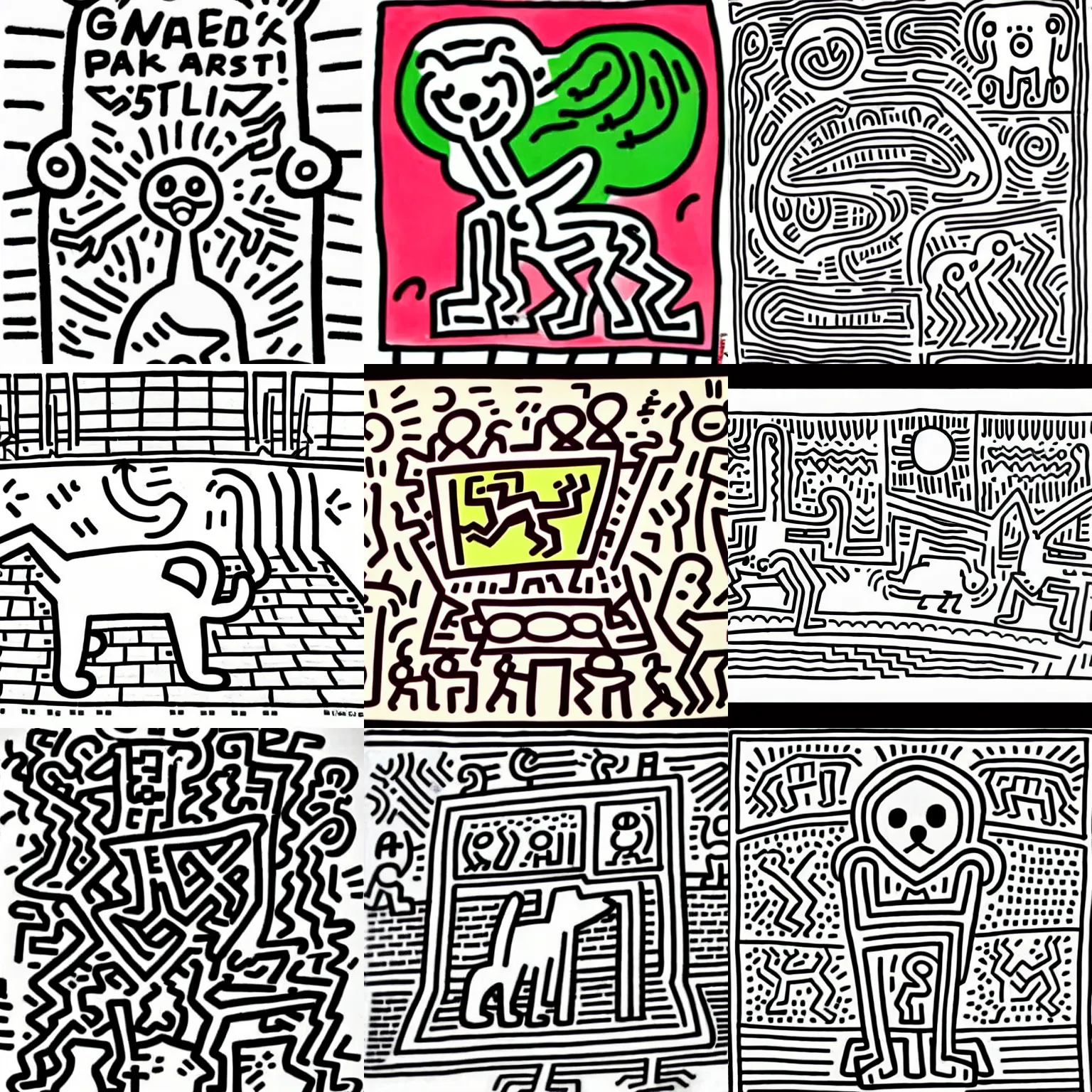 Prompt: a cute dog in a park, keith haring, line drawing