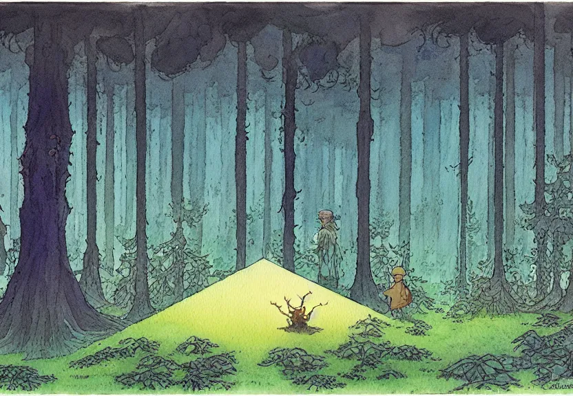 Image similar to a simple watercolor fantasy concept art of a giant dark grey cube floating in a forest clearing at night. by studio ghibli, rebecca guay, michael kaluta, charles vess