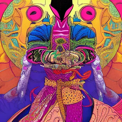 Image similar to beautiful portrait of the colorful masked figure, vivid colors, intricate, highly detailed, masterful, fantasy world, sci fi world, in the style of moebius, akira toriyama, jean giraud