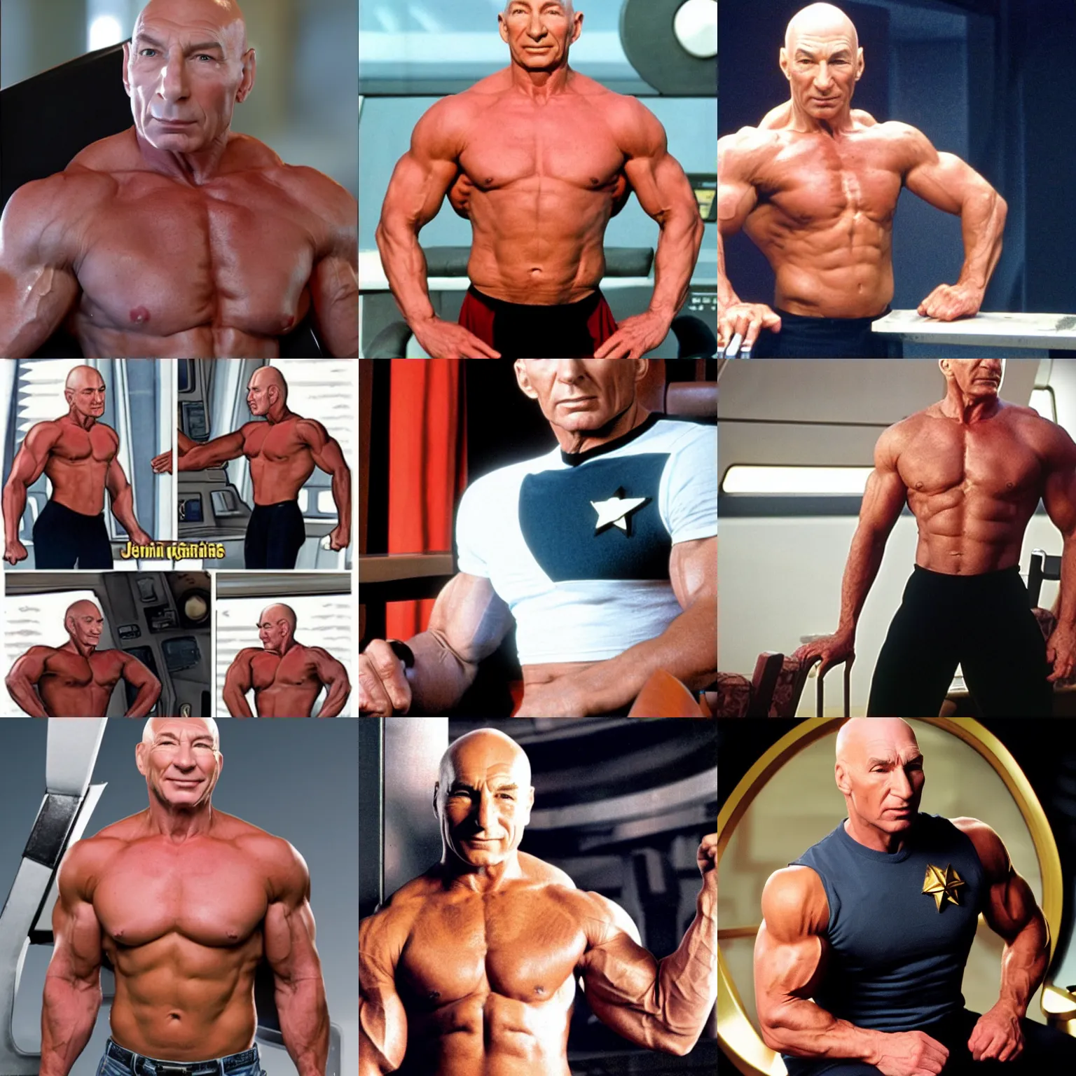Prompt: body builder jean - luc picard sitting on the captains chair