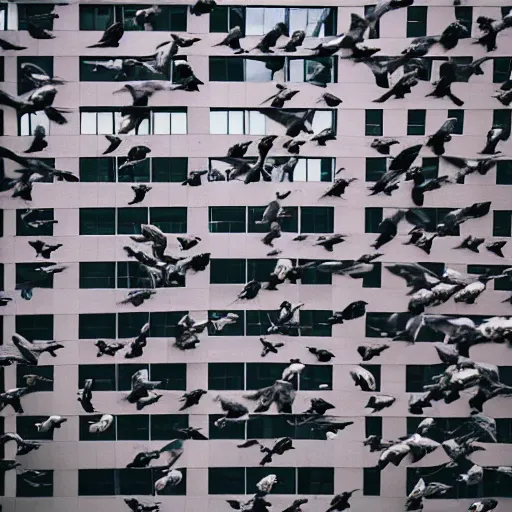 Image similar to “a woman wearing a dress that is turning into a flock of pigeons, standing on the roof of an urban building in NYC, fashion photography, photorealistic, bloom lighting”