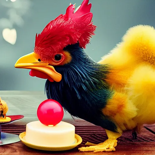 Prompt: a DLSR hyper realistic rooster giving a gift to a small fuzzy yellow baby chick near a cake with 3 candles