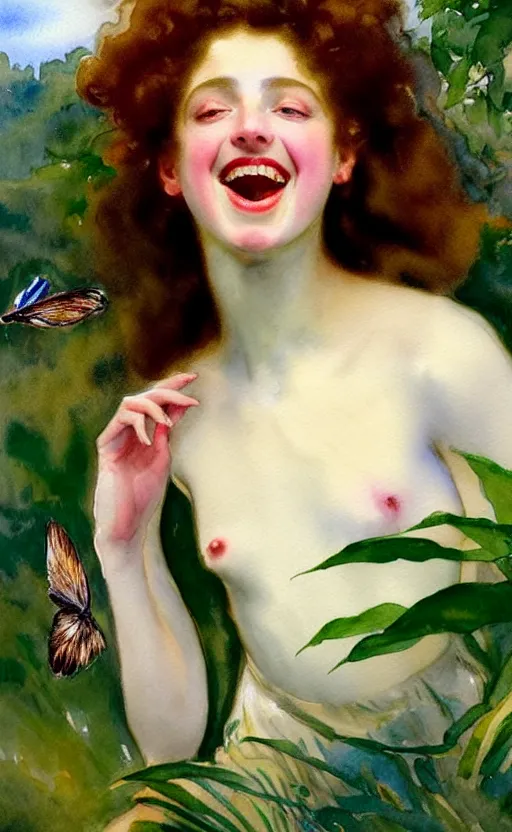 Image similar to 8 k uhd the face of a young woman with marble complexion, angelic features, her face framed with curls, her head raised in rapture, laughing, symmetrical eyes, watercolor by john singer sargent, background lush vegetation, insects and birds