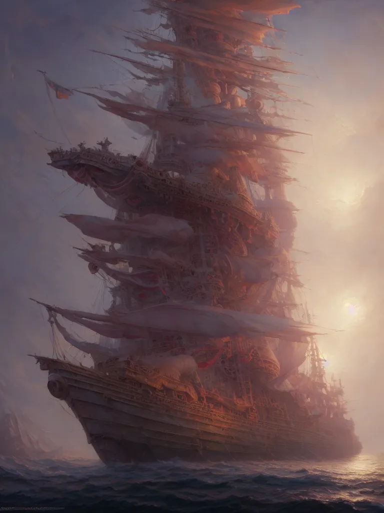 Prompt: subsurface scattering, white, giant ornate ship, vibrant colors, octane render, jesper ejsing, justin gerard, james jean, tomasz alen kopera, cgsociety, fenghua zhong, makoto shinkai, highly detailed, rim light, art, cinematic lighting, very coherent, hyper realism, 8 k