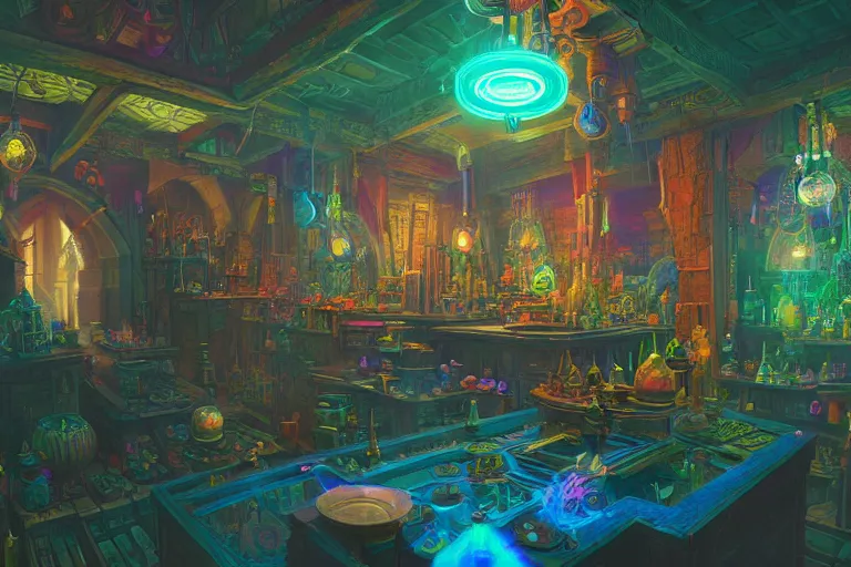 A psychedelic rpg alchemist shop stocked with various | Stable ...