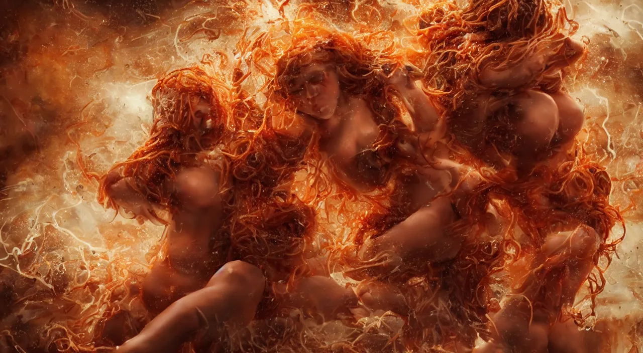 Prompt: 3 0 perfect woman bodies flying inside spaghetti bolognesa with meatballs and hundred rusted perfect woman bodies flying in stormy clouds by, fantasy art, photo realistic, dynamic lighting, artstation, poster, volumetric lighting, very detailed faces, 4 k, award winning, hyper - realism