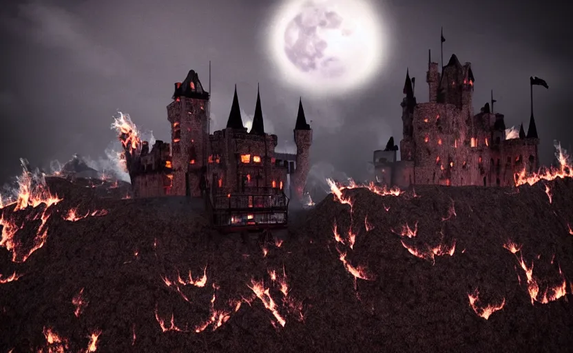 Image similar to a picture in high contrast of burning!!! gothic! castle in smoke on a hill, chaos, full moon in clouds, visual art, 8 k resolution, 3 d modelling, soft lighting