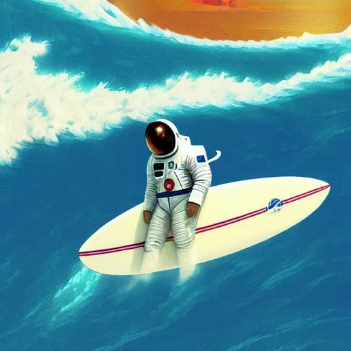 Image similar to a beautiful digital painting of an astronaut in a white and royal blue luxurious space suit surfing the great wave of Kanagawa on a chic surfboard at Pamukkale, thermal waters flowing down gold travertine terraces by greg rutkowski, during a blood moon, award winning photo, trending on artstation, highly detailed, unreal engine, octane render