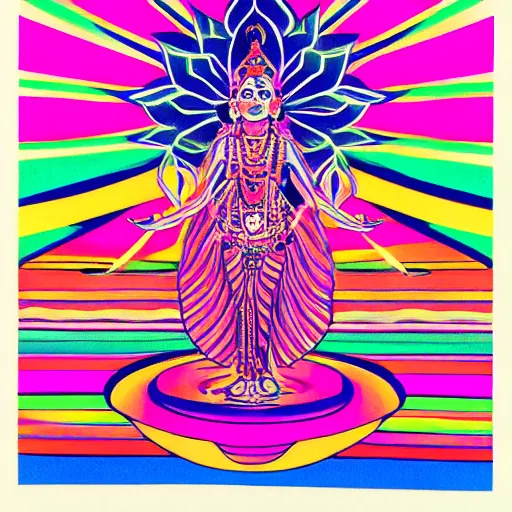 Image similar to indian deity of luck, bright psychedelic colors, lotus pose, risograph, hyperrealis