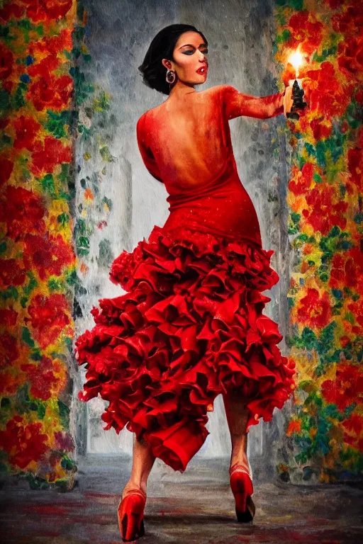 Prompt: detailedoil painting of spanish flamenco dancer in mallorca wearing a red dress made of flowers, dimly lit by candles on the ground, looking away, dark shadows, photo realistic, extreme detail skin, no filter, slr, 4 k, high definition