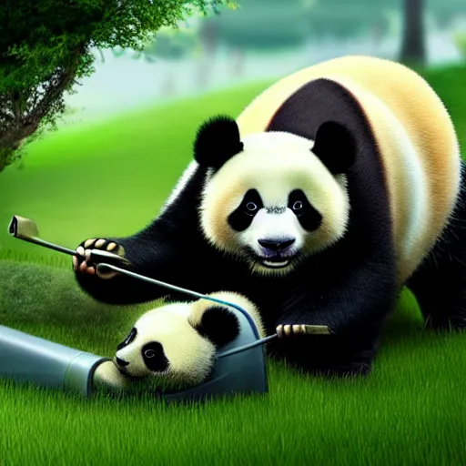 Image similar to a panda mowing the lawn, cinematic, ray traced, octane render, cinematic lighting, ultrarealistic, featured on artstation, 8 k uhd artwork